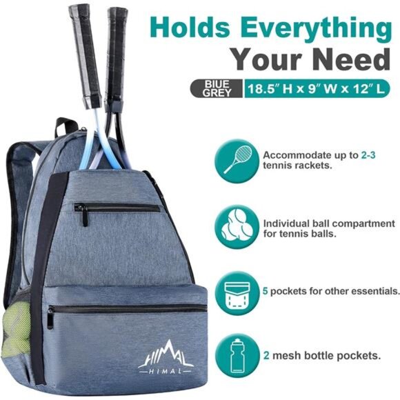 Outdoors Tennis Backpack Tennis Bag -Large Storage Holds 2 Rackets & Necessities - Picture 2 of 7